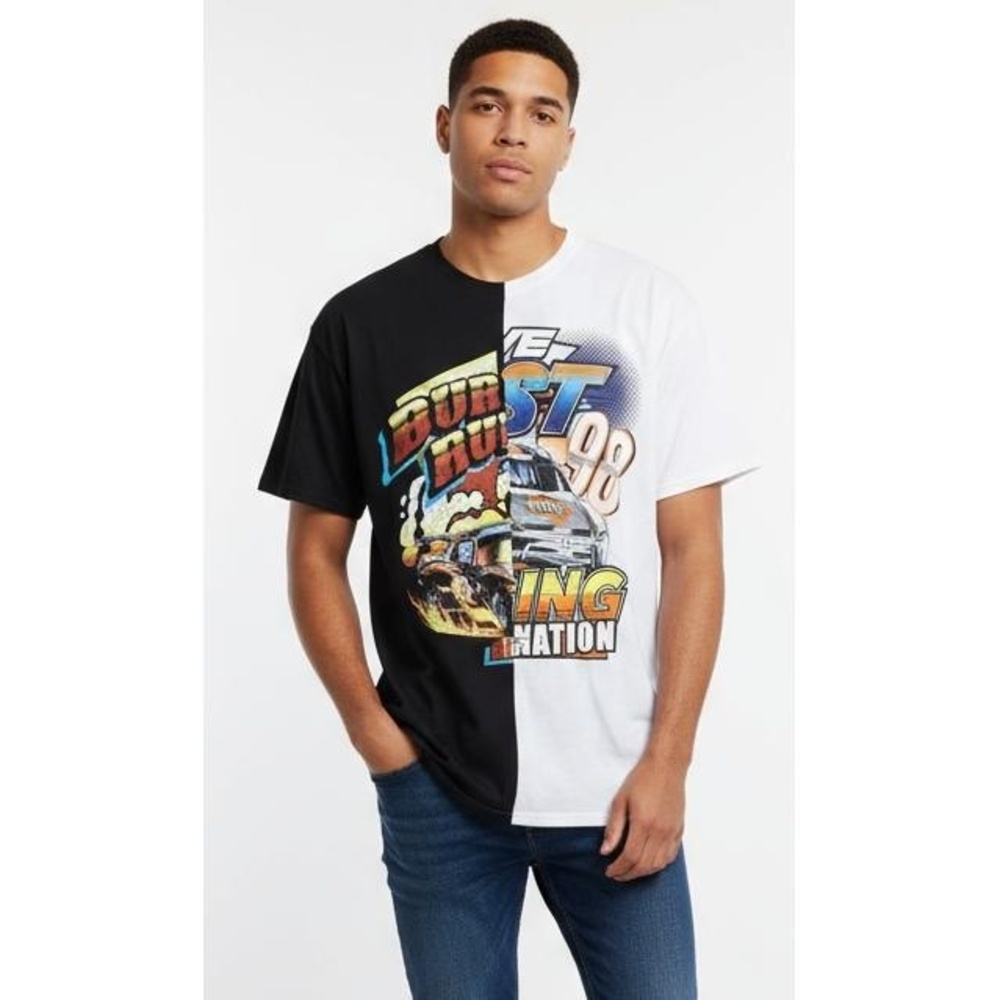 TRUST THE UNIVERSE Black White Split Racing Car Graphic Vintage T-Shirt